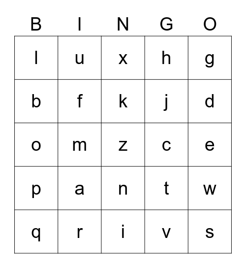 Lower Case Letters Bingo Card