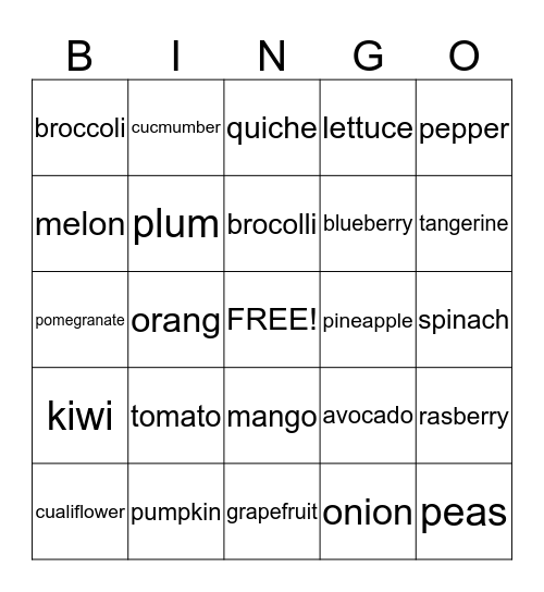 Fruits and Vegetables Bingo Card