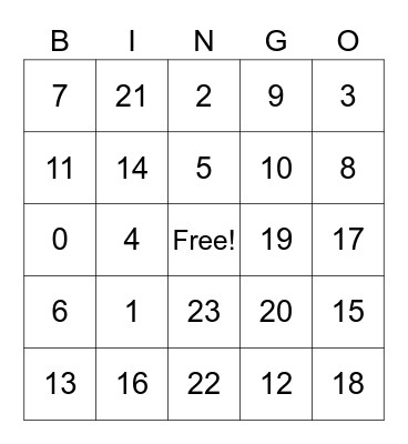Number Bingo Card