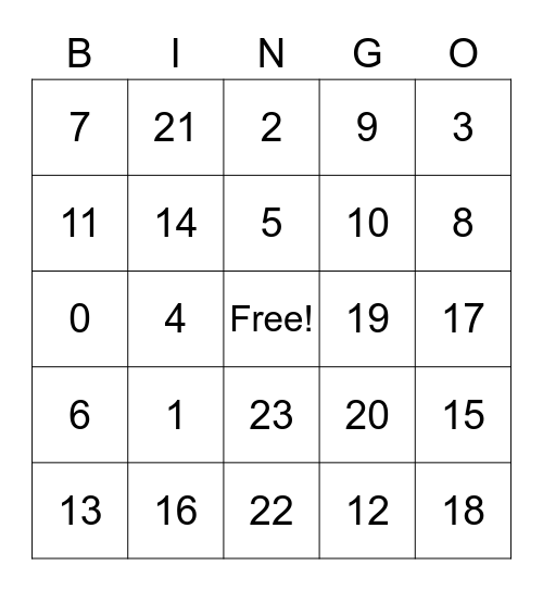 Number Bingo Card