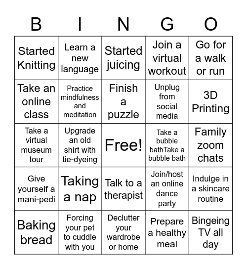 Self-care at Home Activities Bingo Card