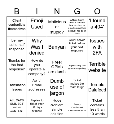 AvantLink Support Queue Bingo Card