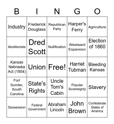 Causes of the Civil War Bingo Card