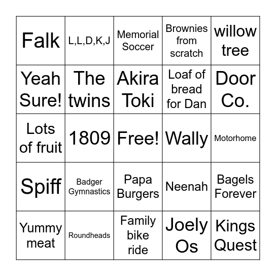 Peppler Family Bingo Card