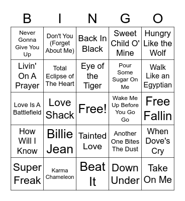 80's Music Bingo Card