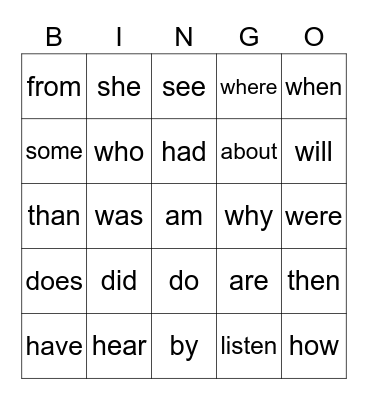 Sight Words 2 Bingo Card