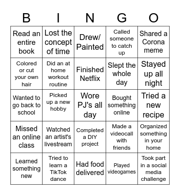 Quarantine Bingo Card