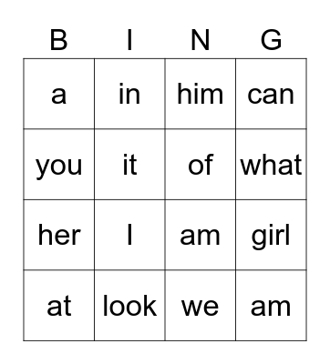 Sight words Bingo Card