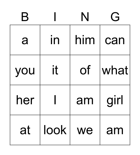 Sight words Bingo Card