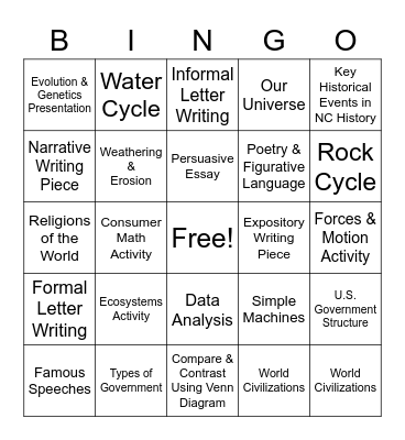 Sterling Montessori: Week 9 Bingo Card