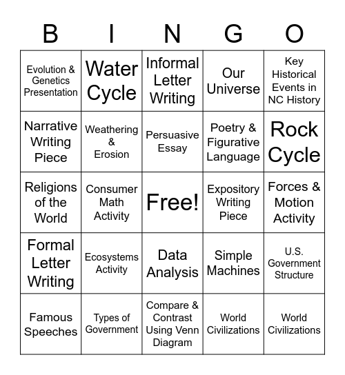 Sterling Montessori: Week 9 Bingo Card