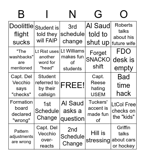 Chennault Flight Friday BINGO Card
