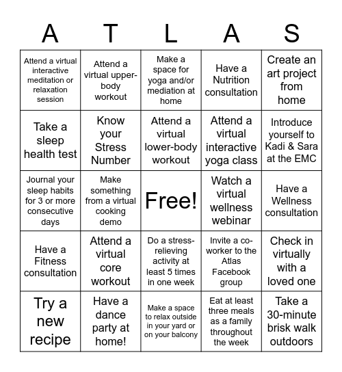 Atlas Healthy at Home Challenge Bingo Card