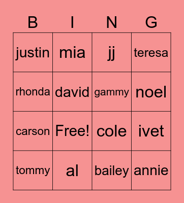 family bingo Card