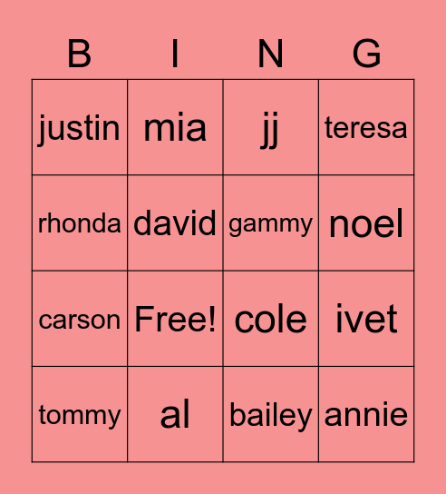 family bingo Card