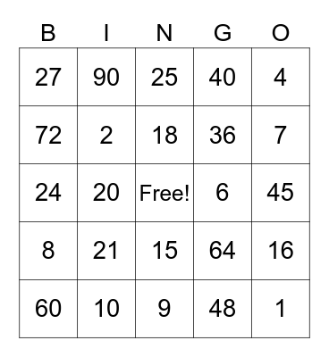 Multiplication Bingo Card