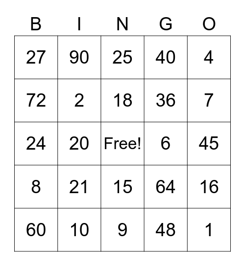 Multiplication Bingo Card