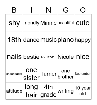 Taliyah's 10th Birthday Party!!! Bingo Card