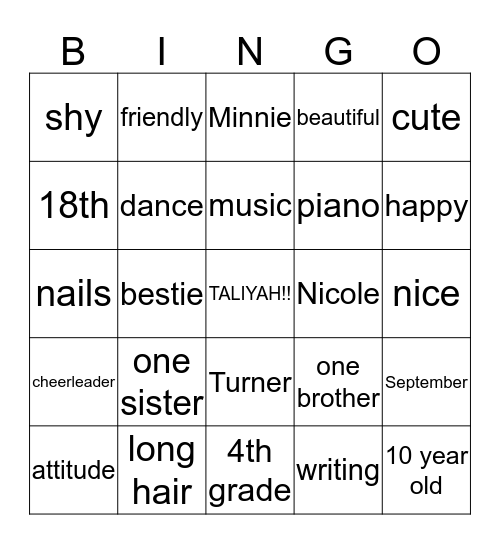 Taliyah's 10th Birthday Party!!! Bingo Card