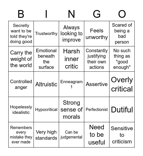 Enneagram 1 Bingo Card