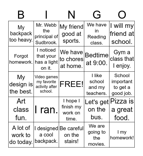 Sentence Bingo Card