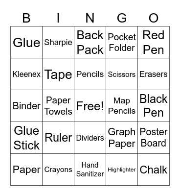 School Supplies Bingo Card