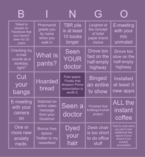 Stay At Home Order Bingo Card