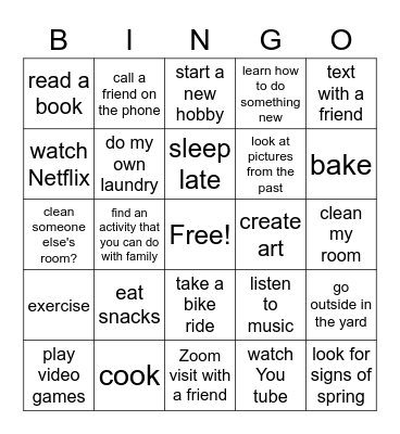 Things I Can Do at Home during Covid-19 Bingo Card