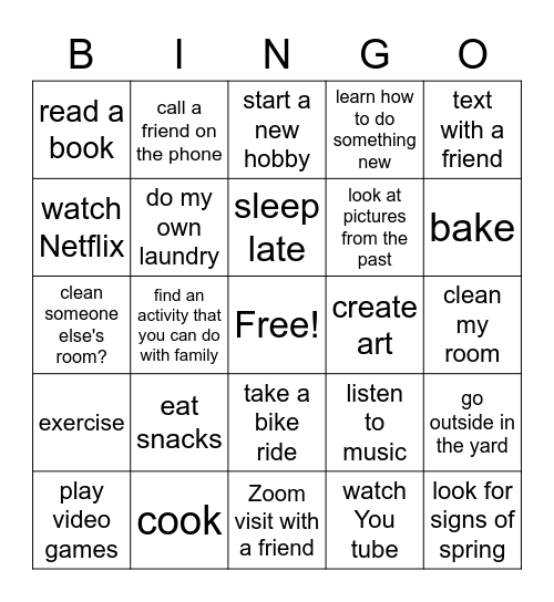 Things I Can Do at Home during Covid-19 Bingo Card