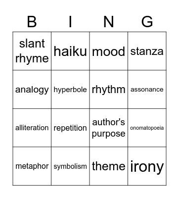 poetic devices Bingo Card