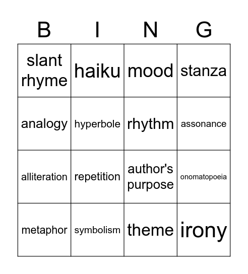 poetic devices Bingo Card