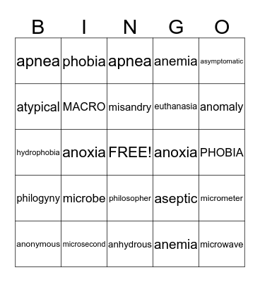 Vocabulary Bingo Card