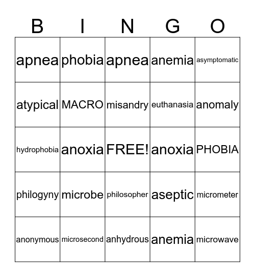 Vocabulary Bingo Card