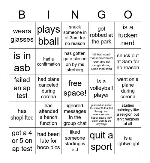 The Bench Bingo!!!! Bingo Card