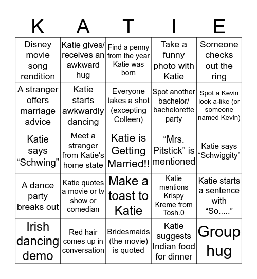 Katie's Bachelorette Bingo Card