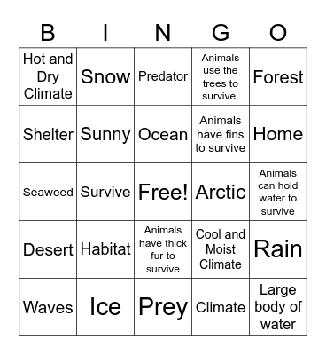 Animal Habitat Vocabulary and More Bingo Card