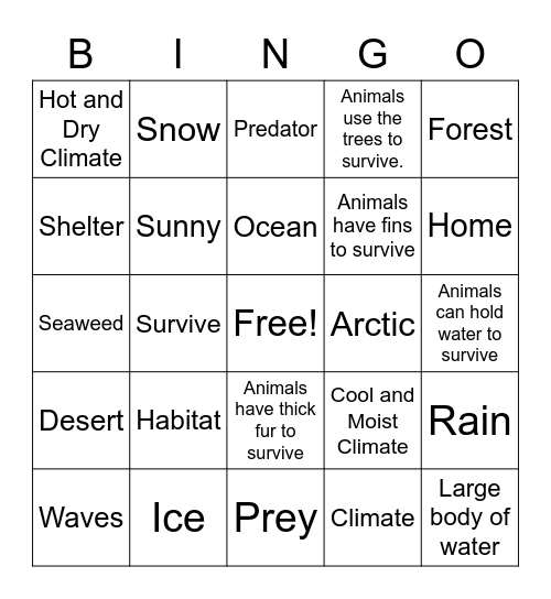 Animal Habitat Vocabulary and More Bingo Card