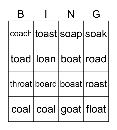 "oa" Vowel Team Bingo Card