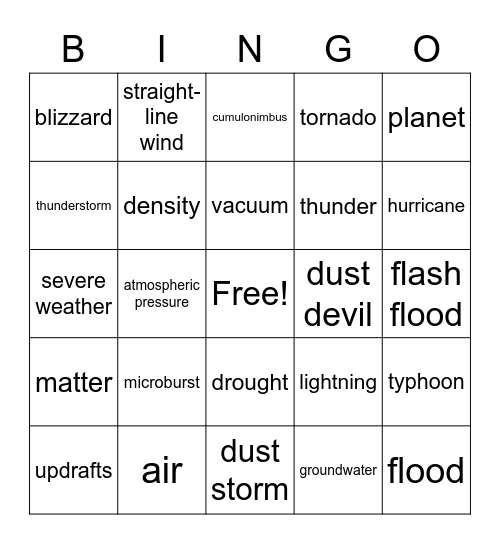 Weather and Water Bingo Card