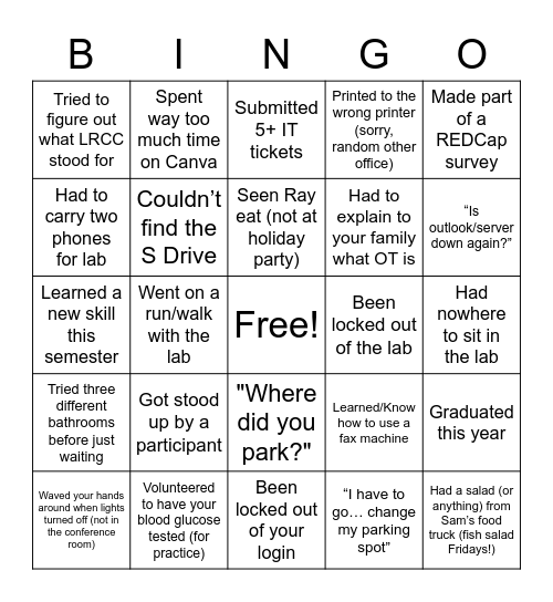 LRCC Lab Bingo (Spring 2020) Bingo Card