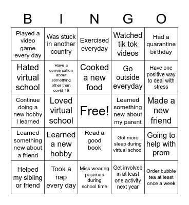 We're Back! What did you do over virtual school time and what will you do now! Bingo Card