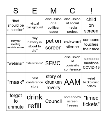 SEMC Happy Hour Bingo Card