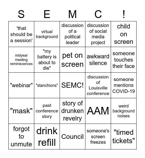 SEMC Happy Hour Bingo Card