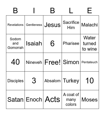 Mt. Zion Sunday School Bingo Card