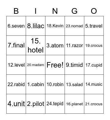 cvc Bingo Card