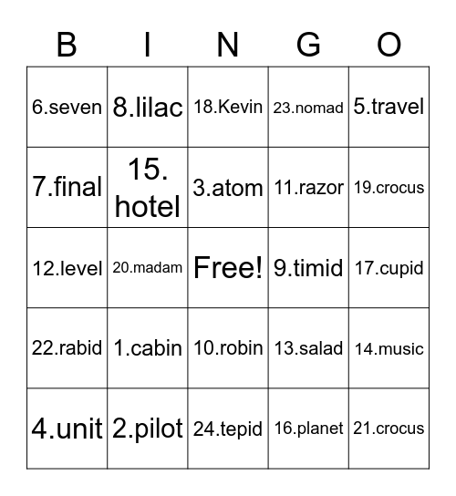 cvc Bingo Card