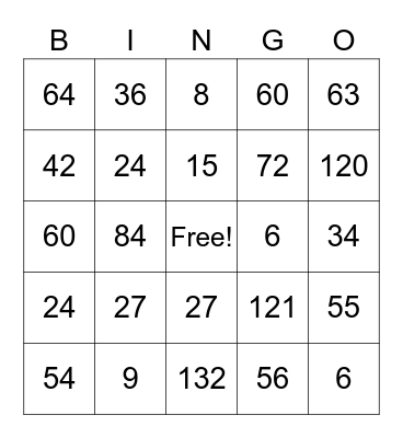 Isaac's Multiplication Bingo Card