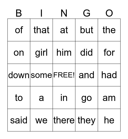 Kindergarten Word Bingo Card