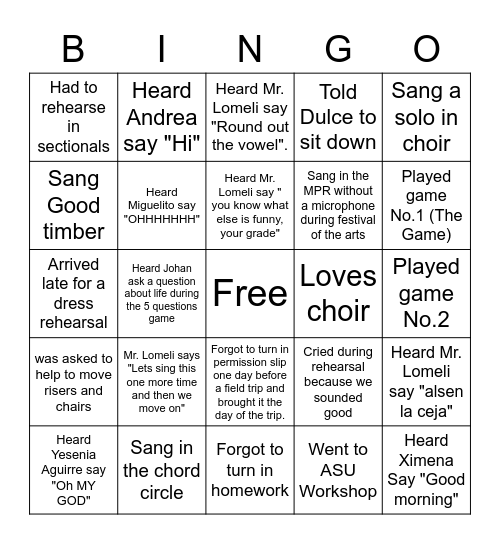 Performing Choir Bingo Card