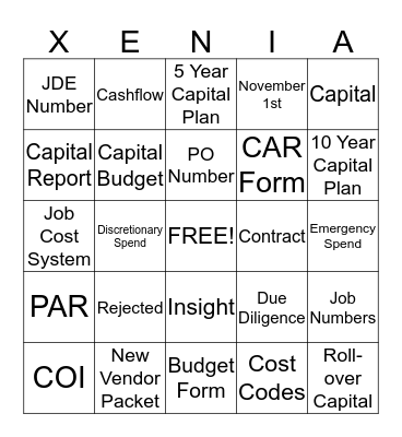 Xenia Bingo Card